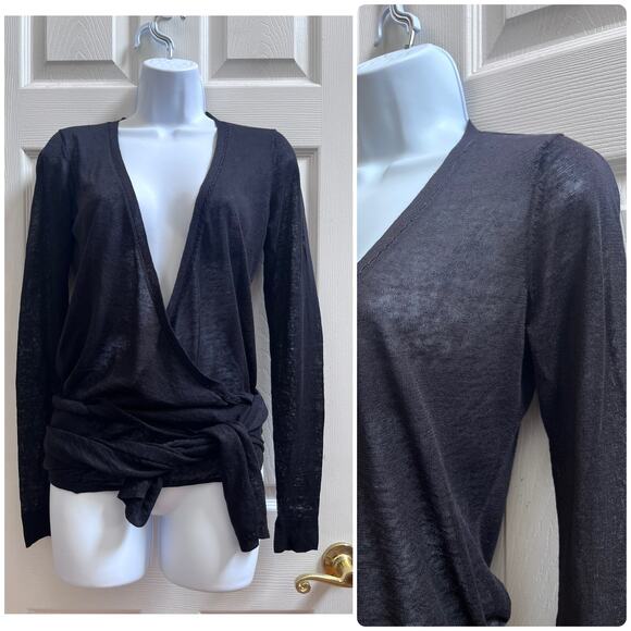 Elie Tahari Black Silk Linen Blend Semi Sheer Knit Long Sleeve Wrap Top Medium - Picture 1 of 13